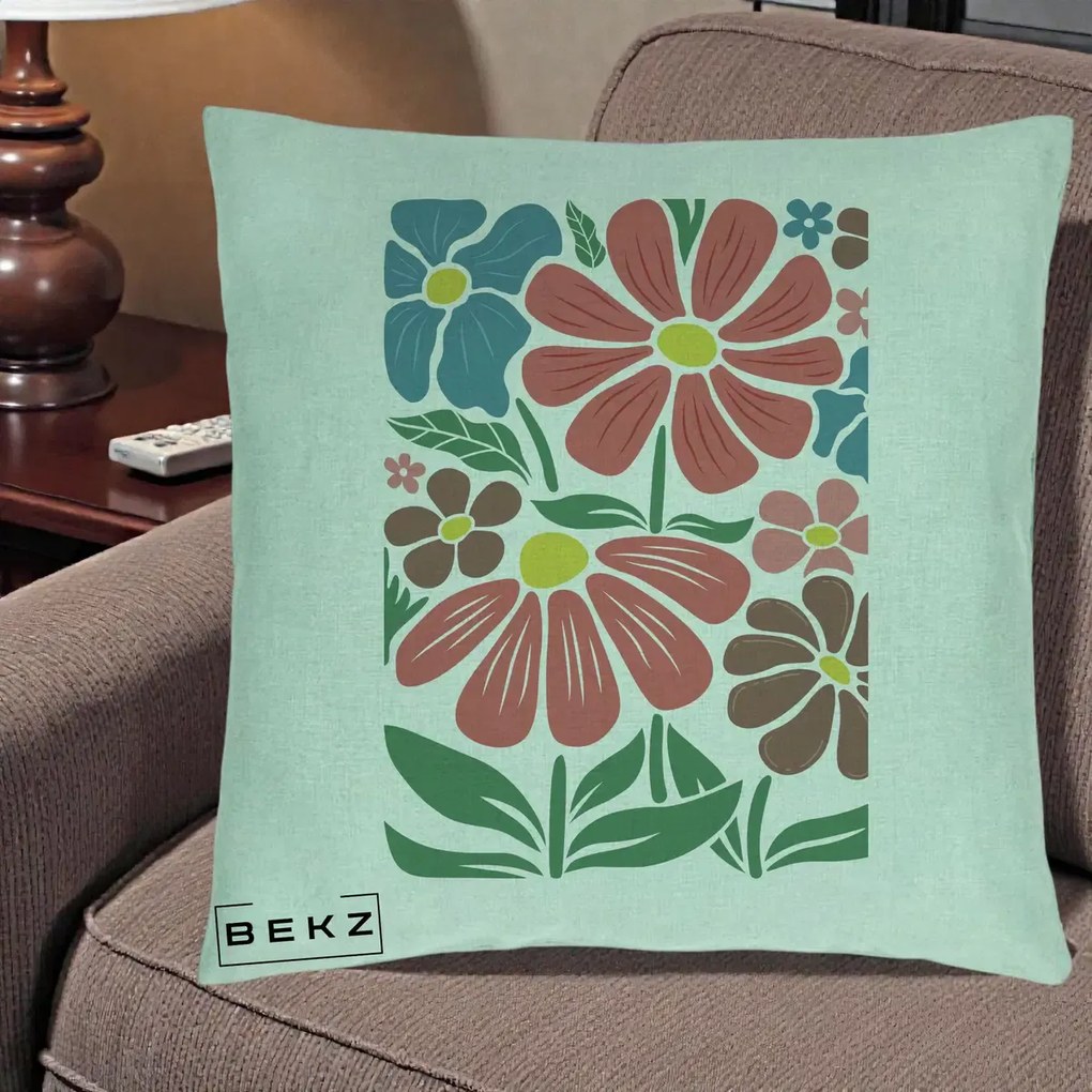 Perna Decorativa Flori Grafice Colorate Retro, 40x40 cm, Verde Menta, Husa Detasabila, Perna Inclusa, BEKZ®