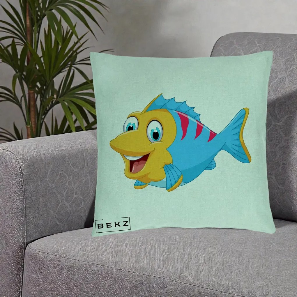 Perna Decorativa Peste Vesel Cartoon, 40x40 cm, Verde Menta, Husa Detasabila, Perna Inclusa, BEKZ®