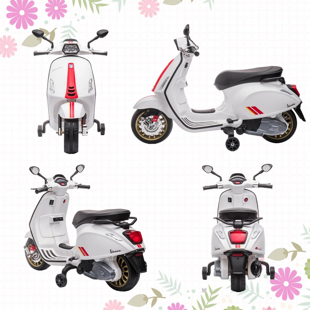 AIYAPLAY Motocicletă electrică pentru copii Vespa 6V dim. 107L x 47l x 73H cm Muzică MP3 Port USB Far 2 roți de antrenare - Alb | Aosom Romania