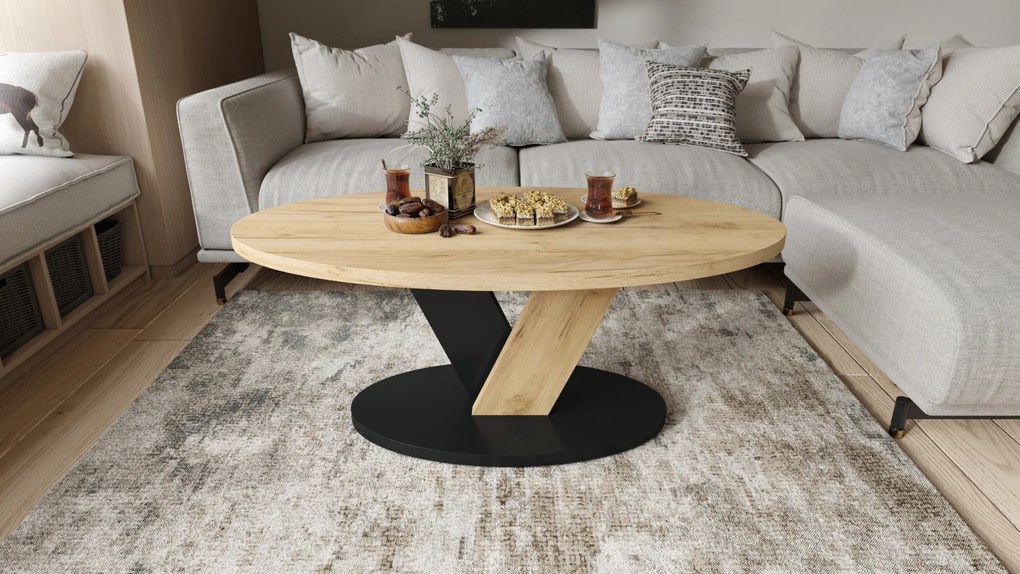 Mazzoni LOVA Stejar Craft Auriu/Negru - MĂSUȚĂ OVALĂ 110x60 cm MĂSUȚĂ DE CAFEA MODERNĂ