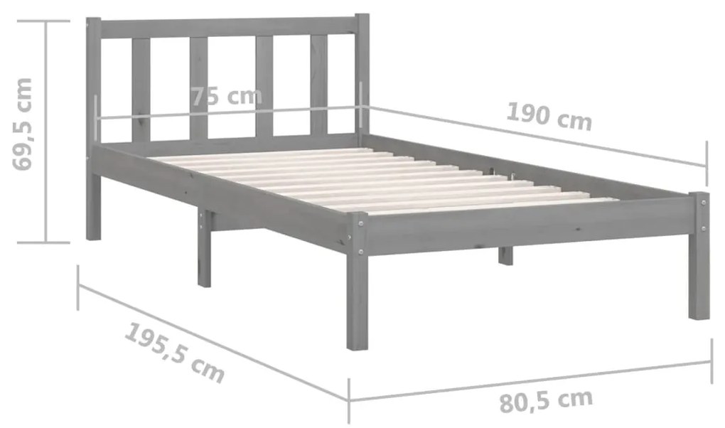 Cadru de pat UK Small Single, gri, 75x190 cm, lemn masiv pin Gri, 75 x 190 cm