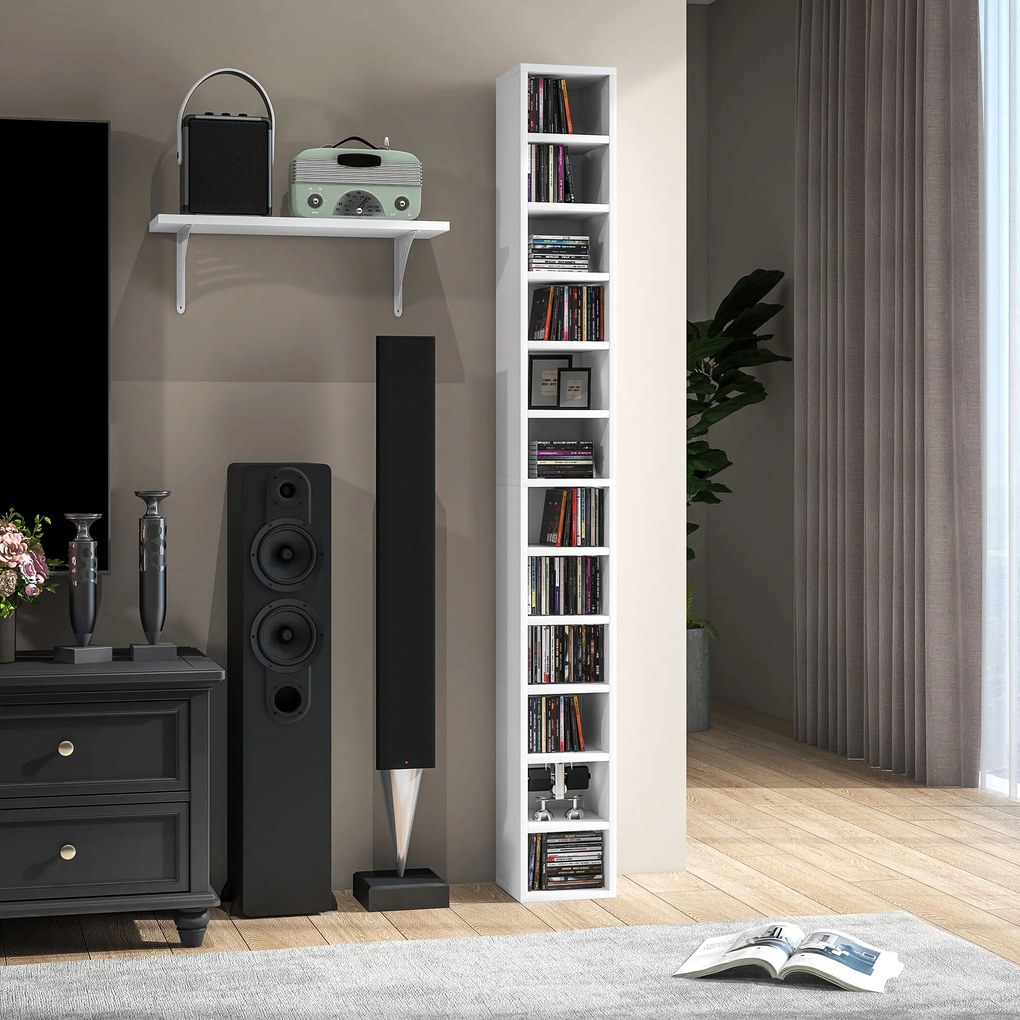 HOMCOM Depozite pentru CD-uri și DVD-uri cu 12 compartimente, capacitate maximă 204 CD-uri, 21 x 20 x 175 cm, alb | Aosom Romania