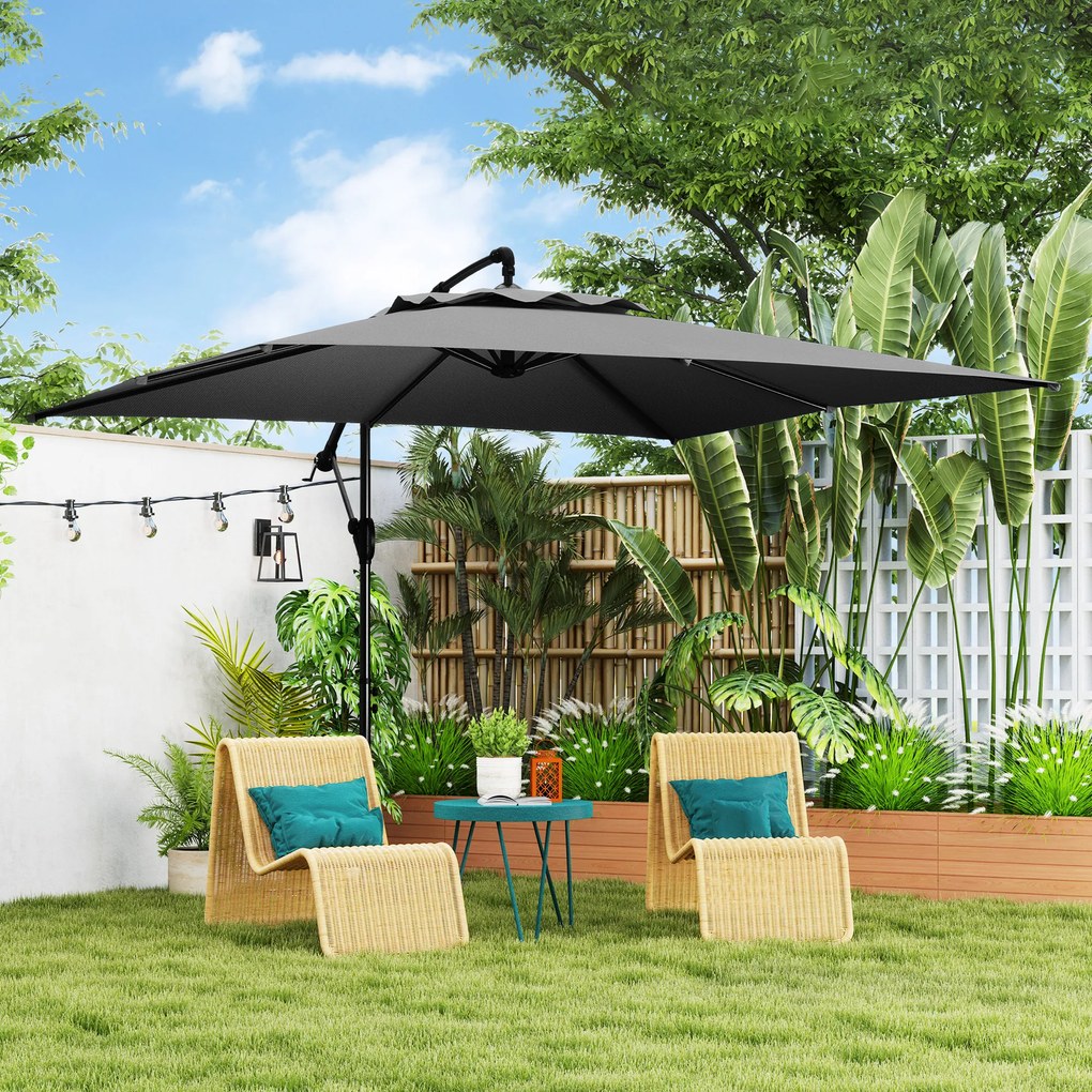 Outsunny Umbrelă laterală pătrată 3 x 3 m cu manivelă, bază încrucișată, umbrelă înclinabilă rotire la 360° țesătură 180 g/m² gri închis | Aosom Romania
