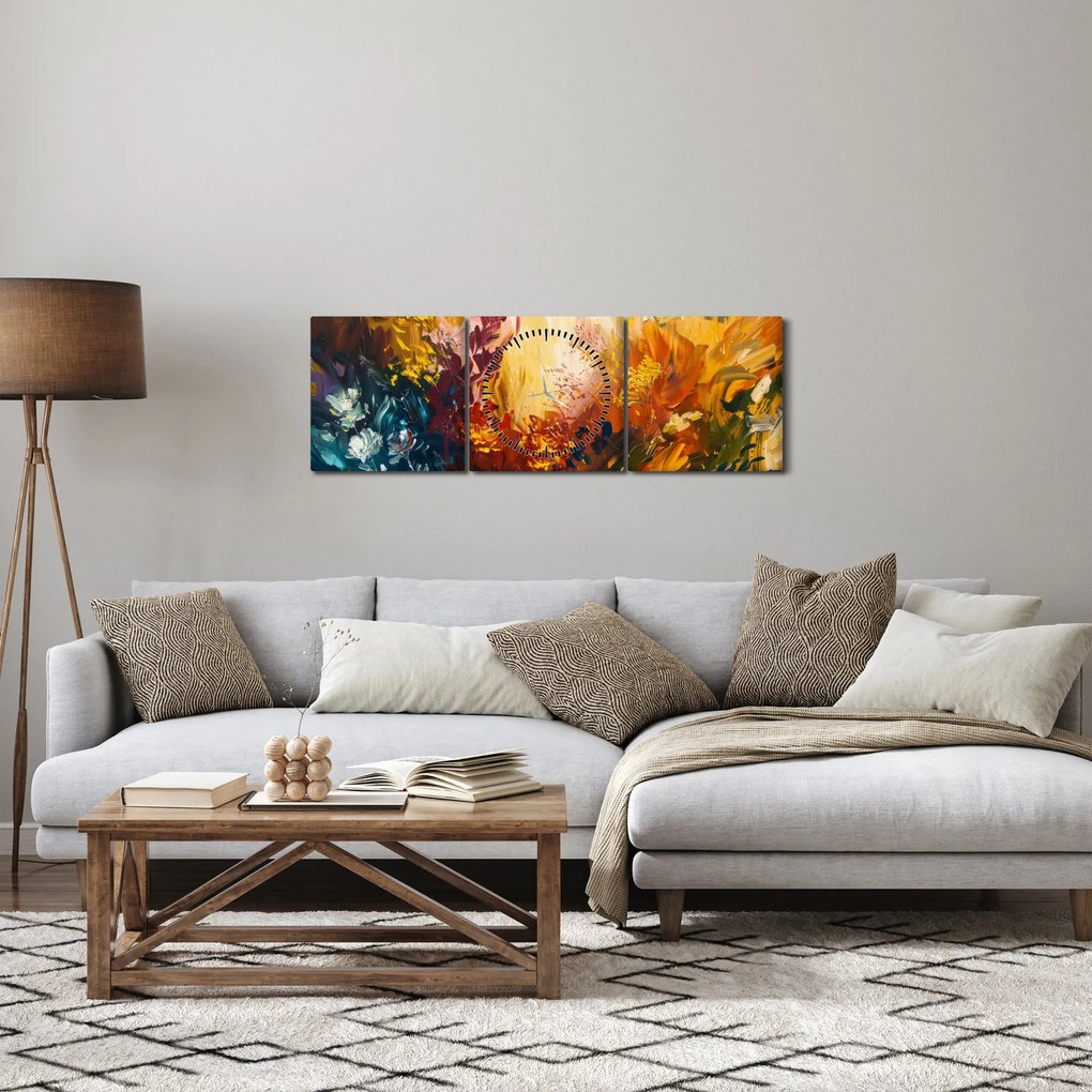 Tablou - pictură abstractă de flori (cu ceas) (90x30 cm)