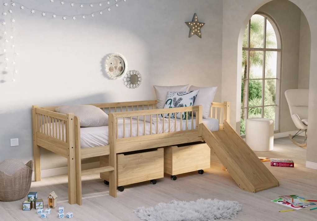 Pat Semi-Înălțat (Mid Sleeper) Forrest Oak 90x200 cm, pentru Camera Copii, din Lemn de Stejar, Natur, cu Tobogan și Sertare – Vipack