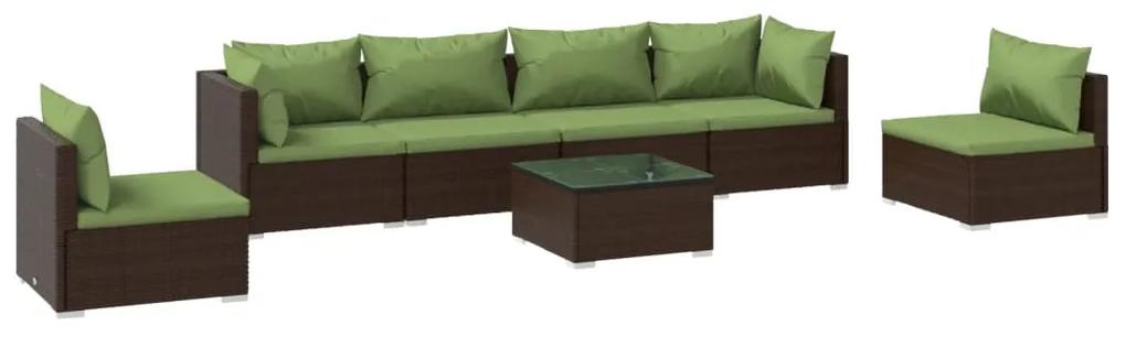 Set mobilier de gradina cu perne, 7 piese, maro, poliratan maro si verde, 2x colt + 4x mijloc + masa, 1