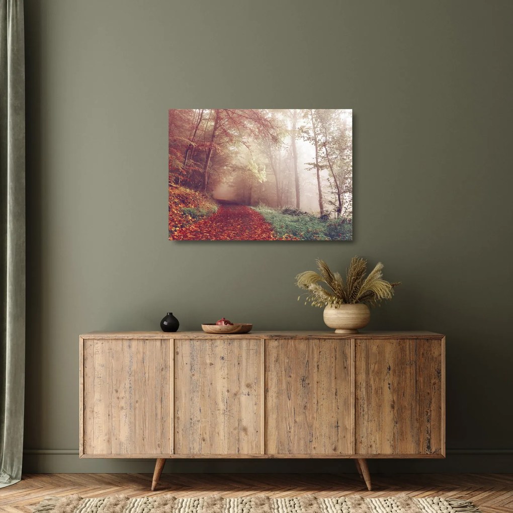 Tablou pe sticlă - Plimbarea de toamnă prin pădure (70x50 cm)