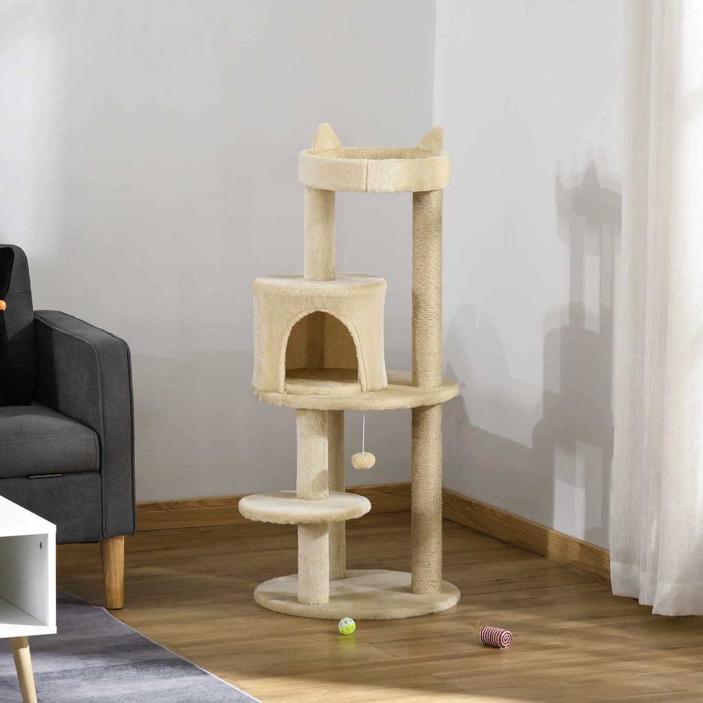 PawHut Ansamblu de Joacă pentru pisici adulte cu căsuță spațioasă și platformă, 104 cm, Crem | Aosom Romania