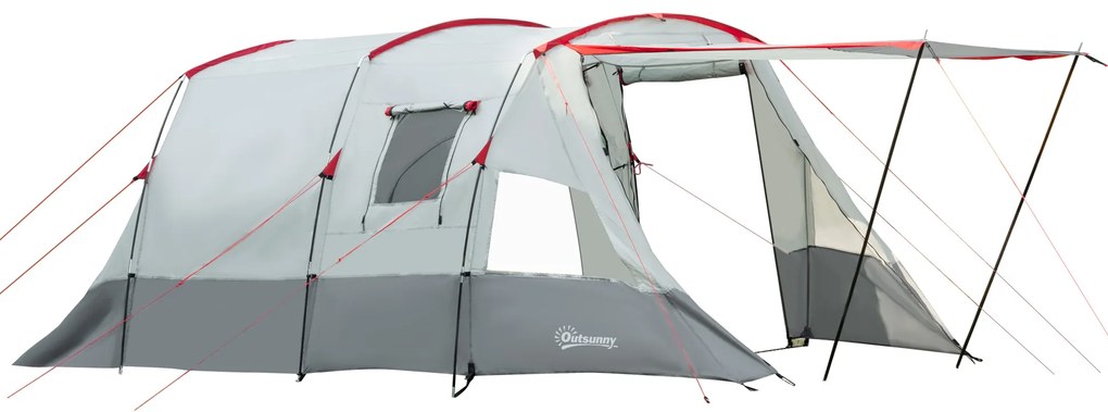 Outsunny Tenta de camping familială 6-8 persoane, tentă tunnel impermeabilă, uși + ferestre, 5,1 x 2,4 x 1,8 cm, gri deschis | Aosom Romania