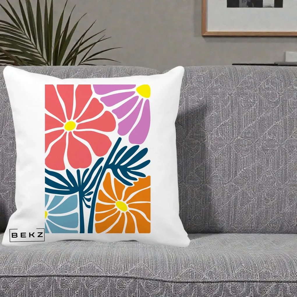 Perna Decorativa Flori Grafice Roz-Orange-Albastru, 40x40 cm, Alba Mata, Husa Detasabila, Perna Inclusa, BEKZ®