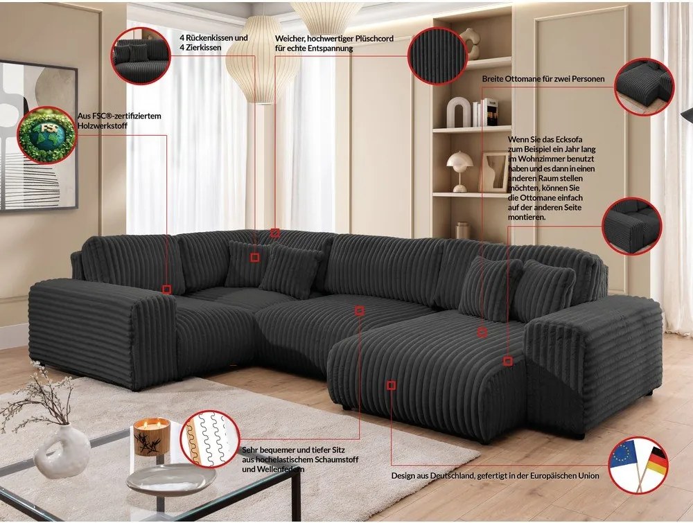 Colțar gri închis cu tapițerie din catifea reiată (cu colț pe partea stângă/în formă de "U") Justin – Ropez