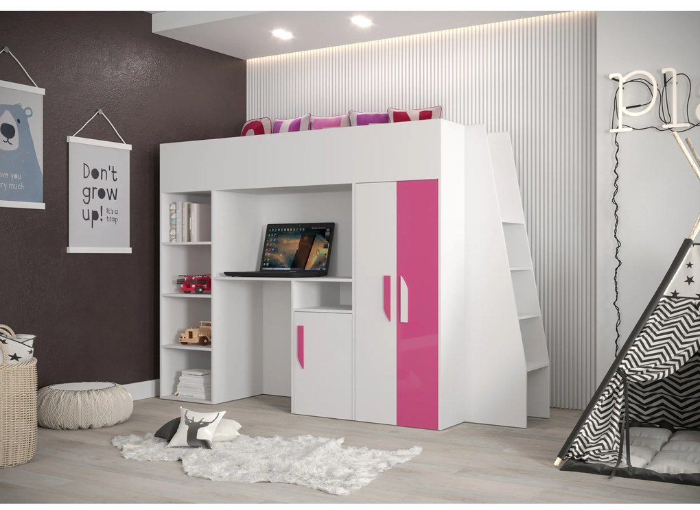 Pat pentru copii combinat 90 cm Puro 15 (alb mat + alb lucios + roz lucios). 1087095