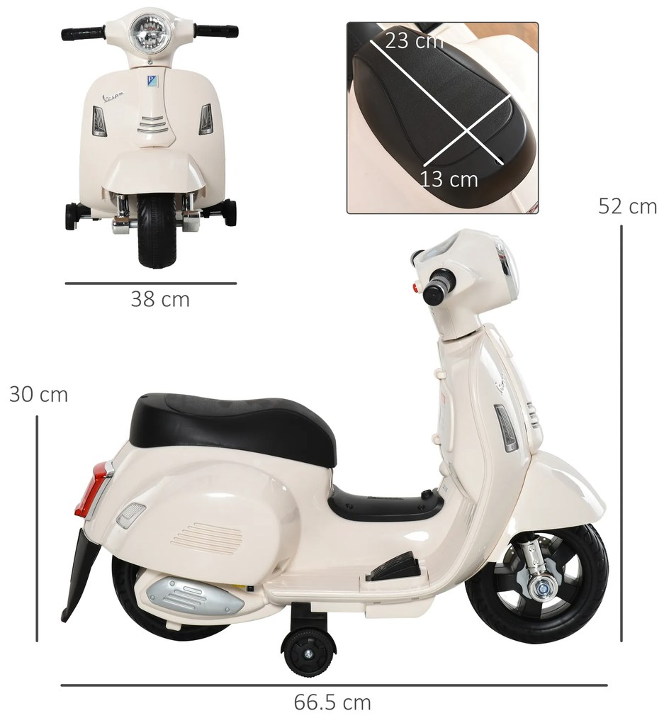 Motocicleta Electrica HOMCOM pentru Copii varsta 18-36 luni, Licenta Oficiala Vespa Baterie 6V, 66.5x38x52cm | Aosom Romania