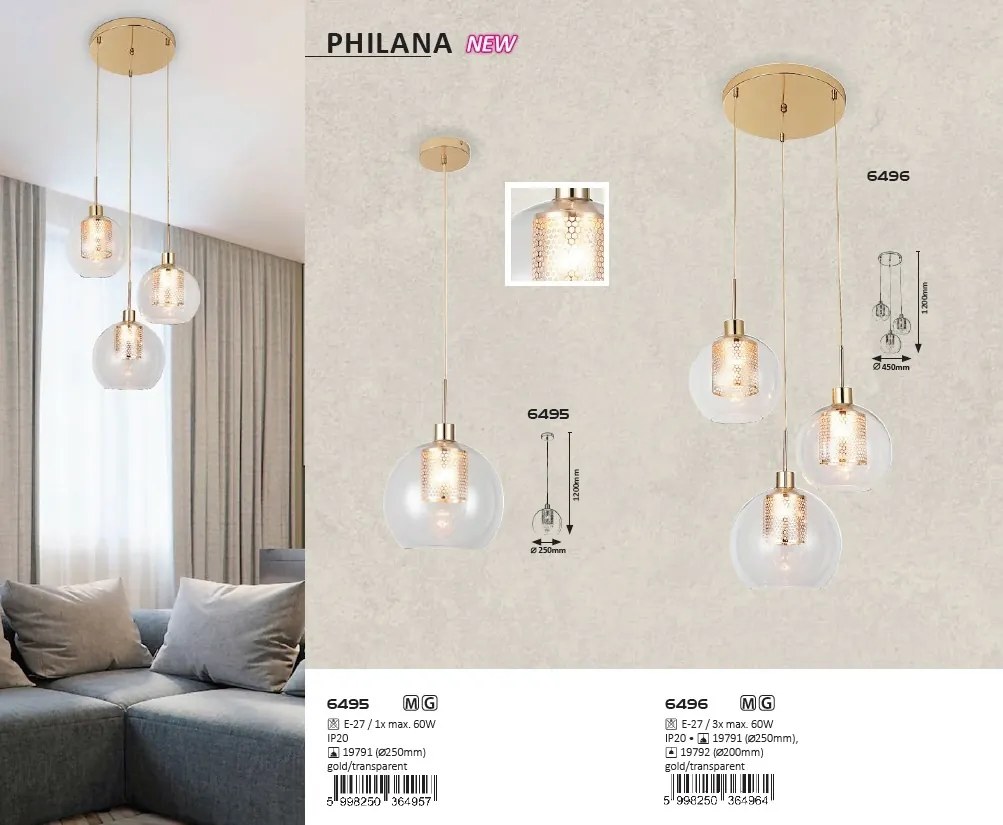 Lustra, Pendul modern cu abajur din sticla Philana 6495 RX