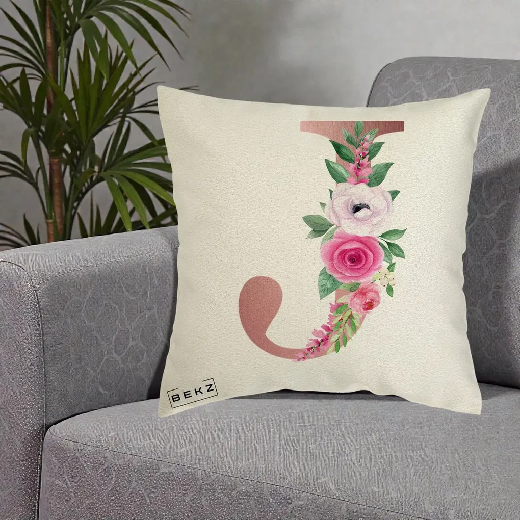 Cadou Personalizat - Perna Personalizata Monograma Rose Gold Litera J, 40x40 cm, Ecru, Husa Detasabila, Perna Inclusa, BEKZ®