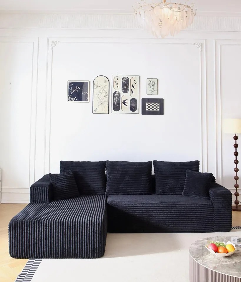 Canapea Colțar Premium Memory Foam HD 270x170x70 cm | Material Plusat Reiat cu Dungi Groase (Culoare: Bej)