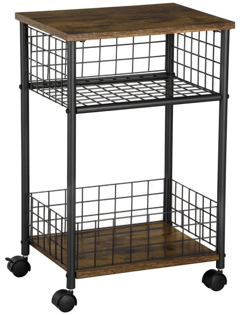 HOMCOM Cărucior cu role, cărucior de servire, 2 compartimente deschise, plan de lucru și role, 40 x 30 x 62 cm, marron | Aosom Romania