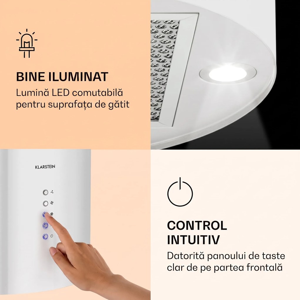 Klarstein Barella, hotă, 38 cm, recirculare, 518 m³/h, LED