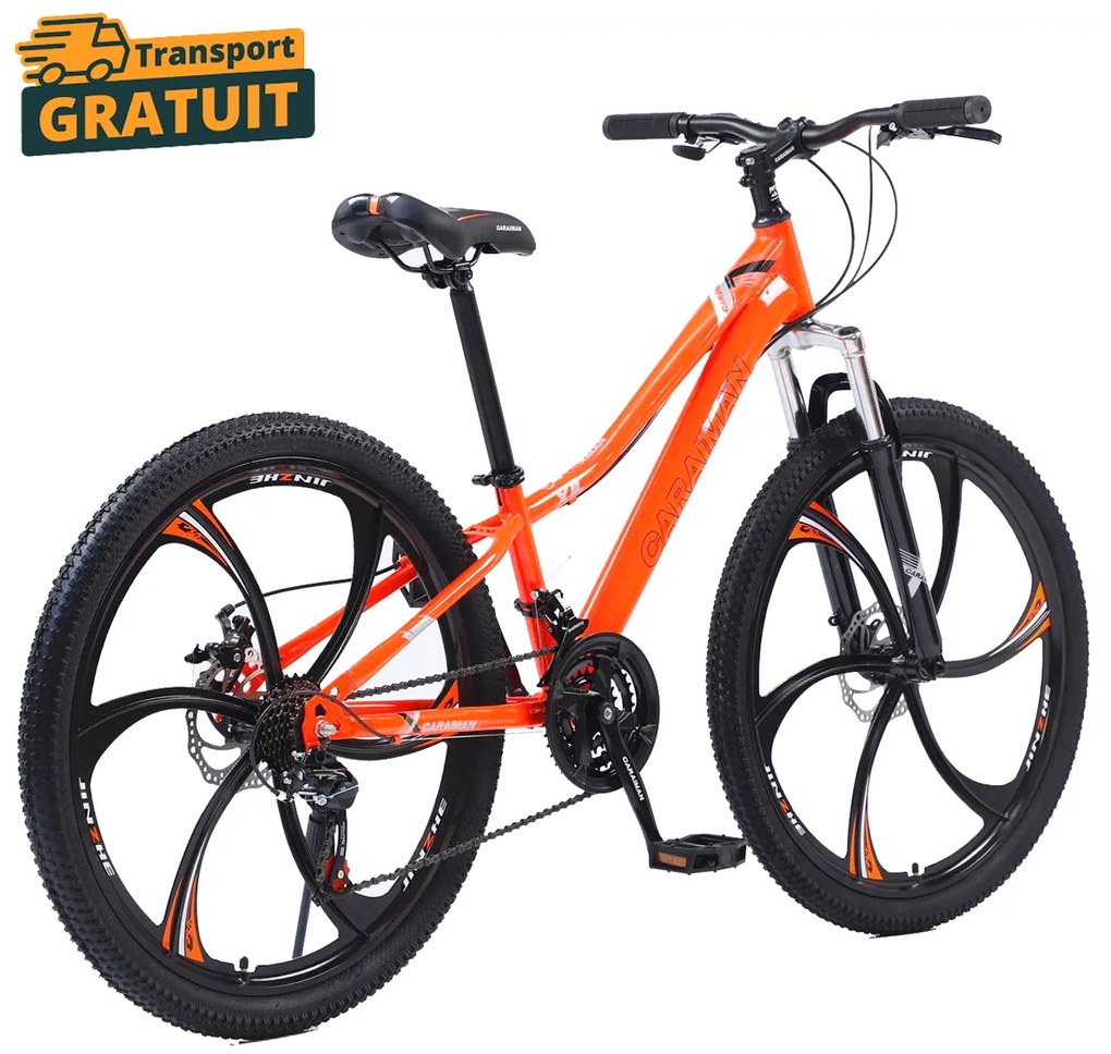 Bicicleta Caraiman, roti 24 sau 26 inch, cadru otel, frane pe disc, portocalie, BC24
