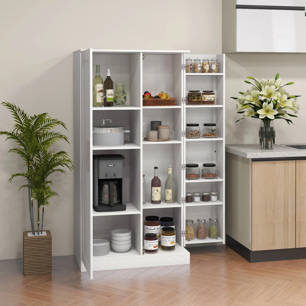 HOMCOM Dulap Cămară de Bucătărie Înalt, cu 2 Uși și Rafturi Reglabile, pentru Dining și Living, 80x43x160 cm, Alb cu Efect de Lemn | Aosom Romania