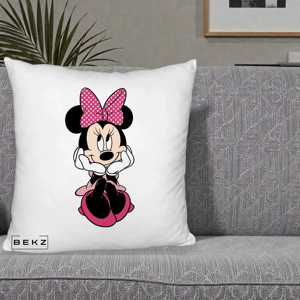 Perna Personalizata Minnie Mouse cu Fundita, 40x40 cm, Alb Pufos, Husa Detasabila, Perna Inclusa, BEKZ®