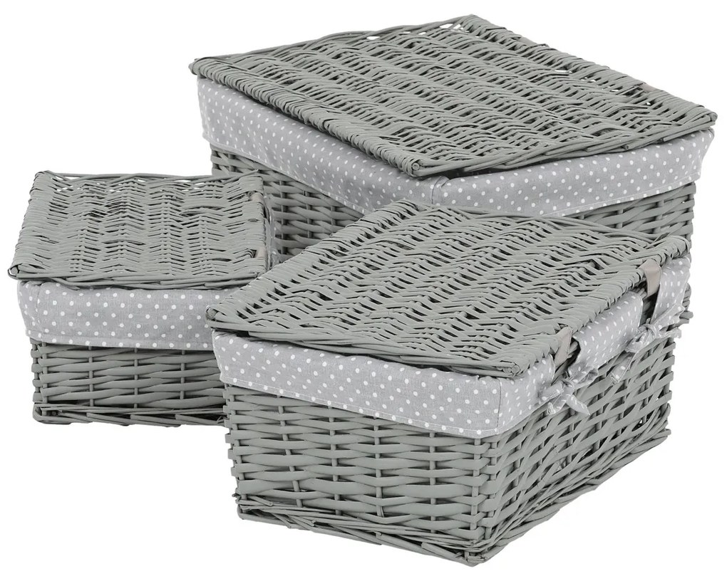 Set de coșuri de răchită cu capac Buline gri,3 buc., 3 dimensiuni, 49 x 22 x 35 cm