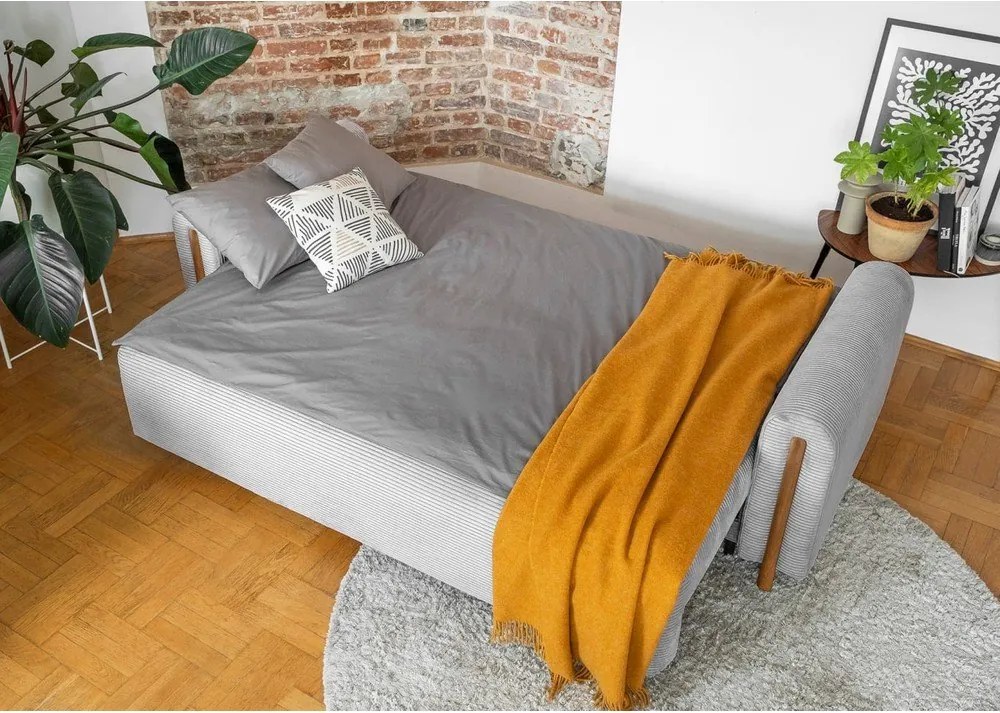 Canapea gri deschis extensibilă/cu spațiu de depozitare cu tapițerie din catifea reiată 244 cm Arcadova – ELTAP