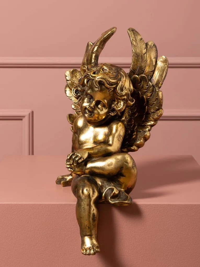 Statuetă decorativă heruvim din rășină, auriu, aripi și bucle fin sculptate, finisaj antichizat, 37 x 17 x 20 cm, „Chérubin”
