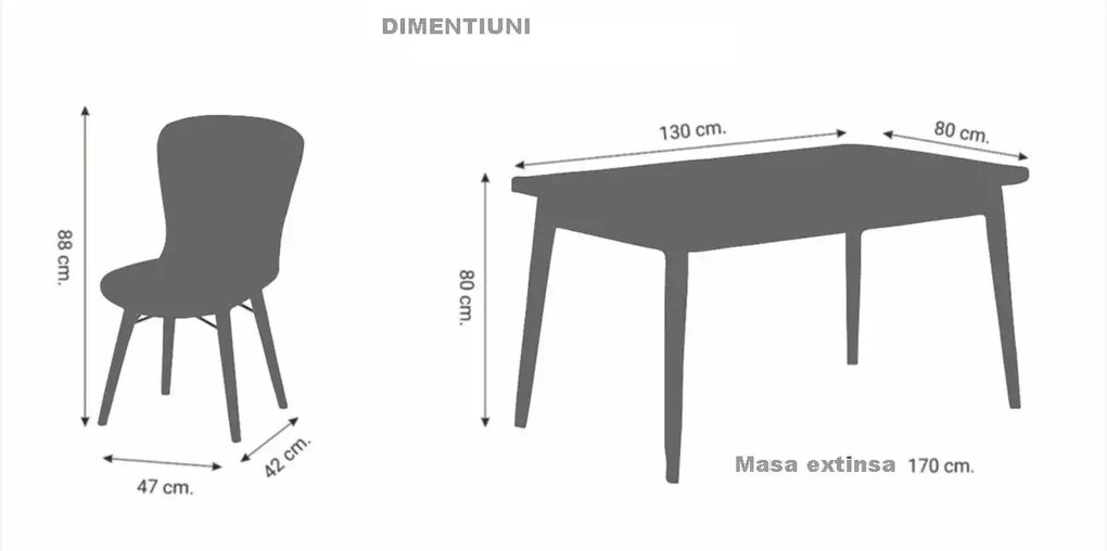 Set masa extensibila cu 6 scaune tapitate Homs cristal  nuc-mustar 170 x 80 cm