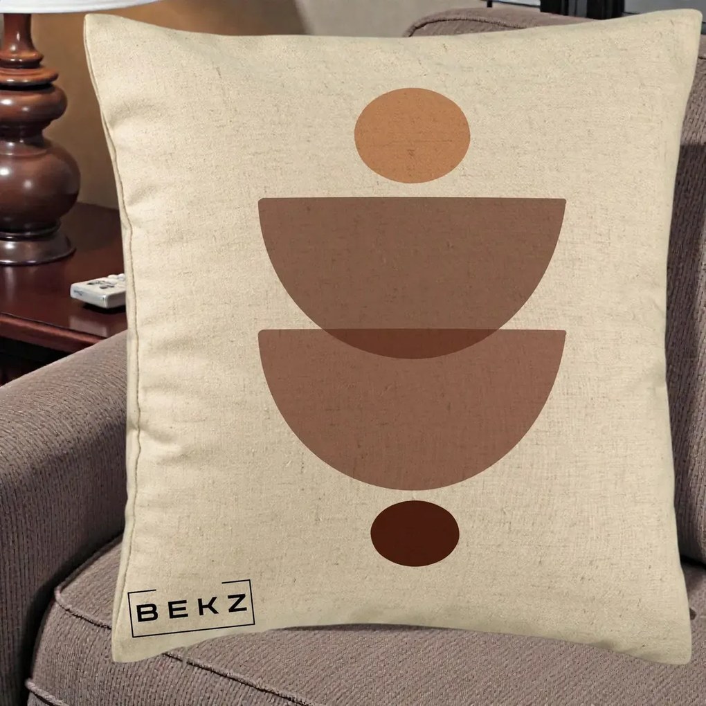 Perna Decorativa Geometric Boho Semicercuri Brun, 40x40 cm, Bej, Husa Detasabila, Perna Inclusa, BEKZ®