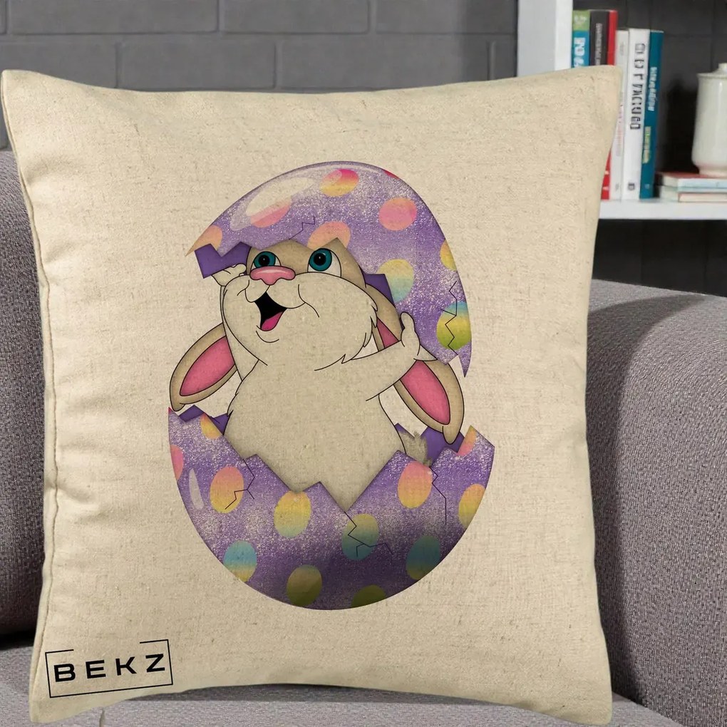 Perna Decorativa Iepuras din Ou de Pasti, 40x40 cm, Bej, Husa Detasabila, Perna Inclusa, BEKZ®