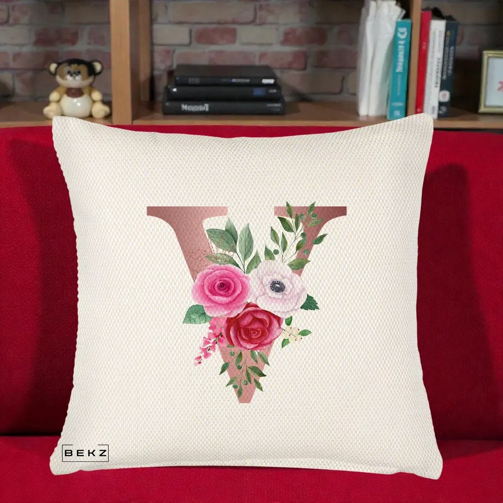 Cadou Personalizat - Perna Personalizata Monograma Rose Gold Litera V, 40x40 cm, Crem Reliefat, Husa Detasabila, Perna Inclusa, BEKZ®