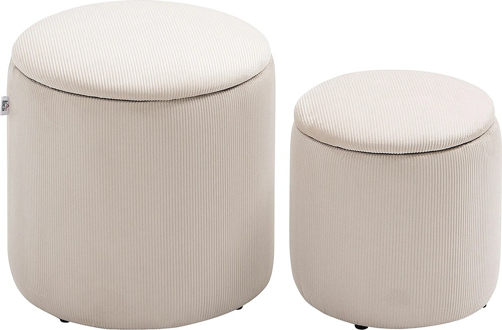 HOMCOM Set de 2 Pouf-uri pentru Depozitare Salvaspazio Rotunde și Îmbunătățite din Catifea cu Nervuri, Alb | Aosom Romania