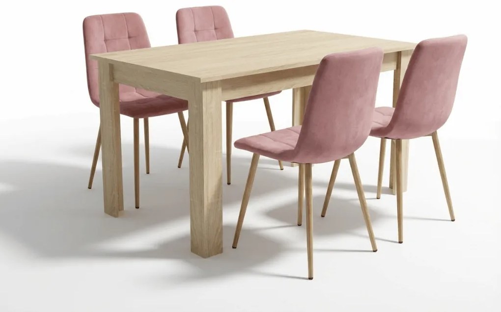 Set de masa 1 + 4, masa UMEKO 120x80 cm stejar sonoma + scaun de catifea roz KARA