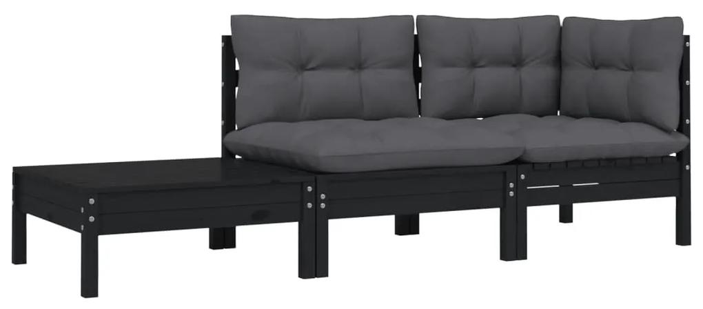 806674 vidaXL Set mobilier grădină cu perne, 3 piese, negru, lemn masiv pin