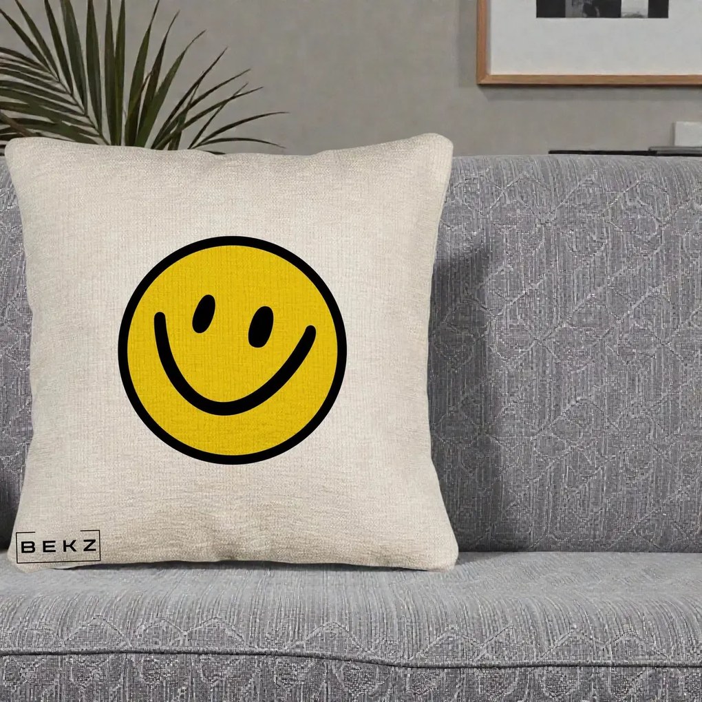Perna Decorativa Smiley Face Galben Clasic, 40x40 cm, Bej Canapea, Husa Detasabila, Perna Inclusa, BEKZ®
