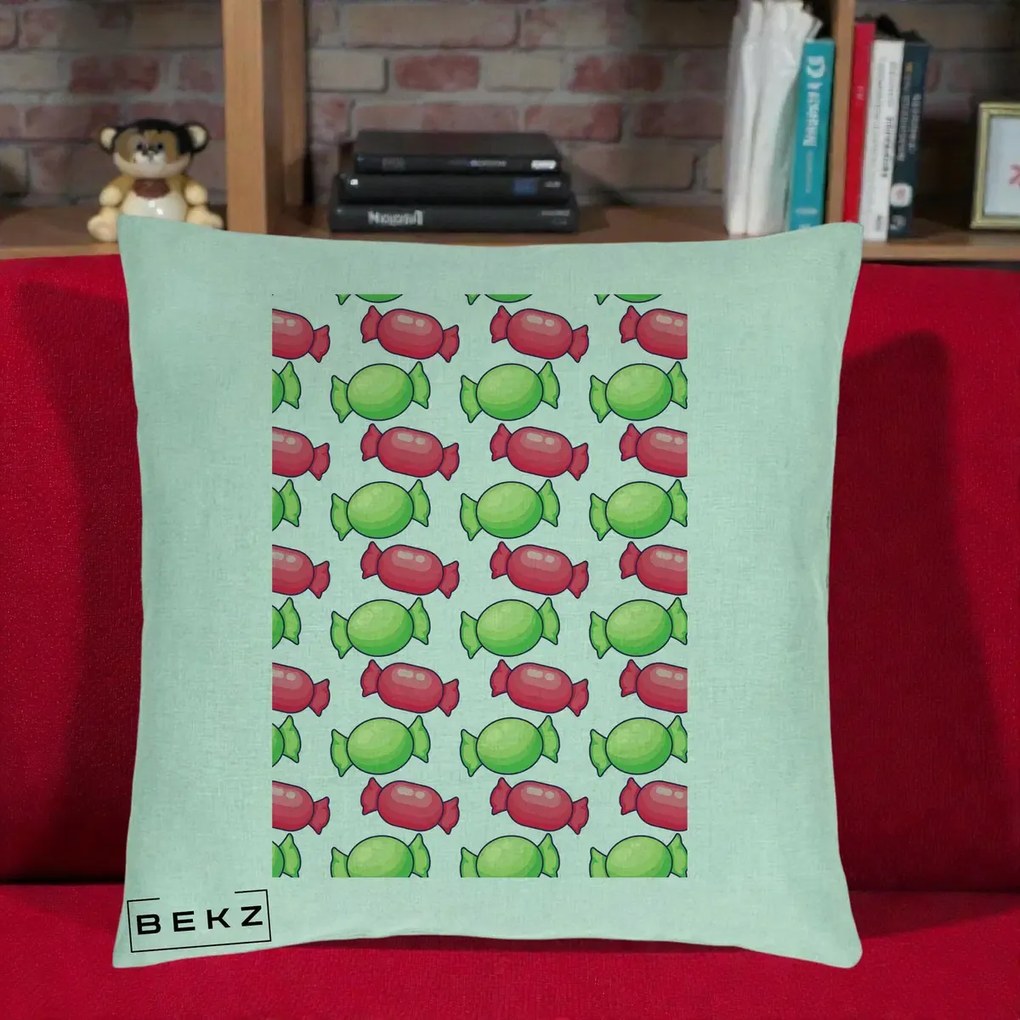 Perna Decorativa Bomboane Craciun Pattern, 40x40 cm, Verde Menta, Husa Detasabila, Perna Inclusa, BEKZ®