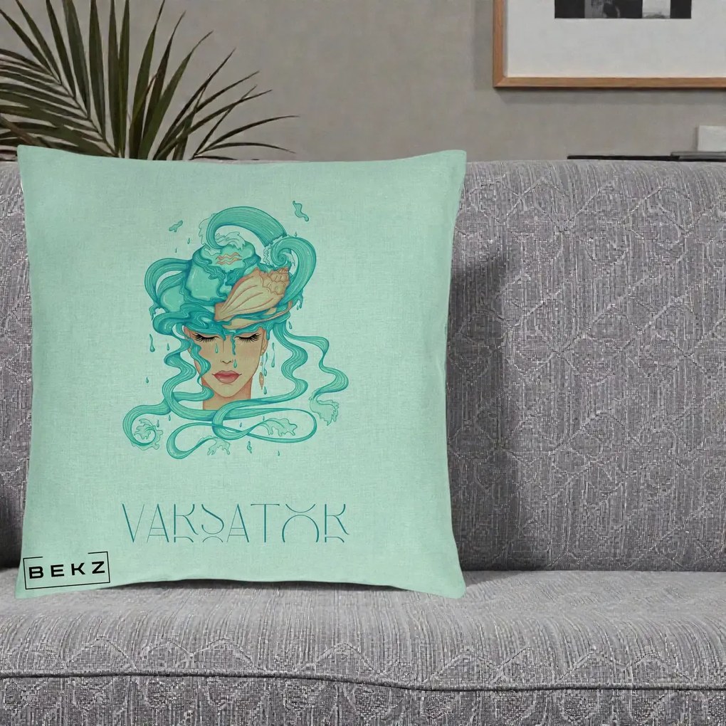 Perna Personalizata Zodiac Varsator Cowgirl, 40x40 cm, Verde Menta, Husa Detasabila, Perna Inclusa, BEKZ®