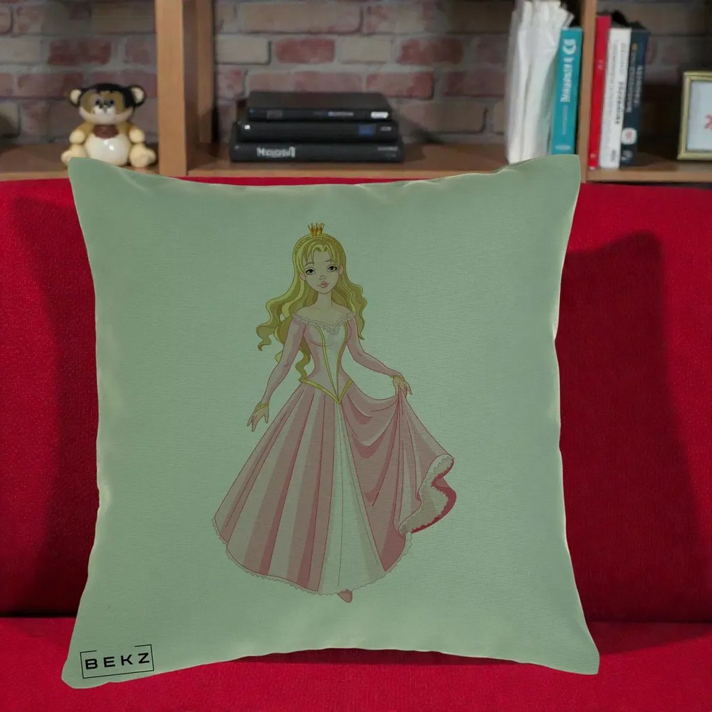 Perna Decorativa Printesa Aurora Rochie Roz, 40x40 cm, Verde, Husa Detasabila, Perna Inclusa, BEKZ®