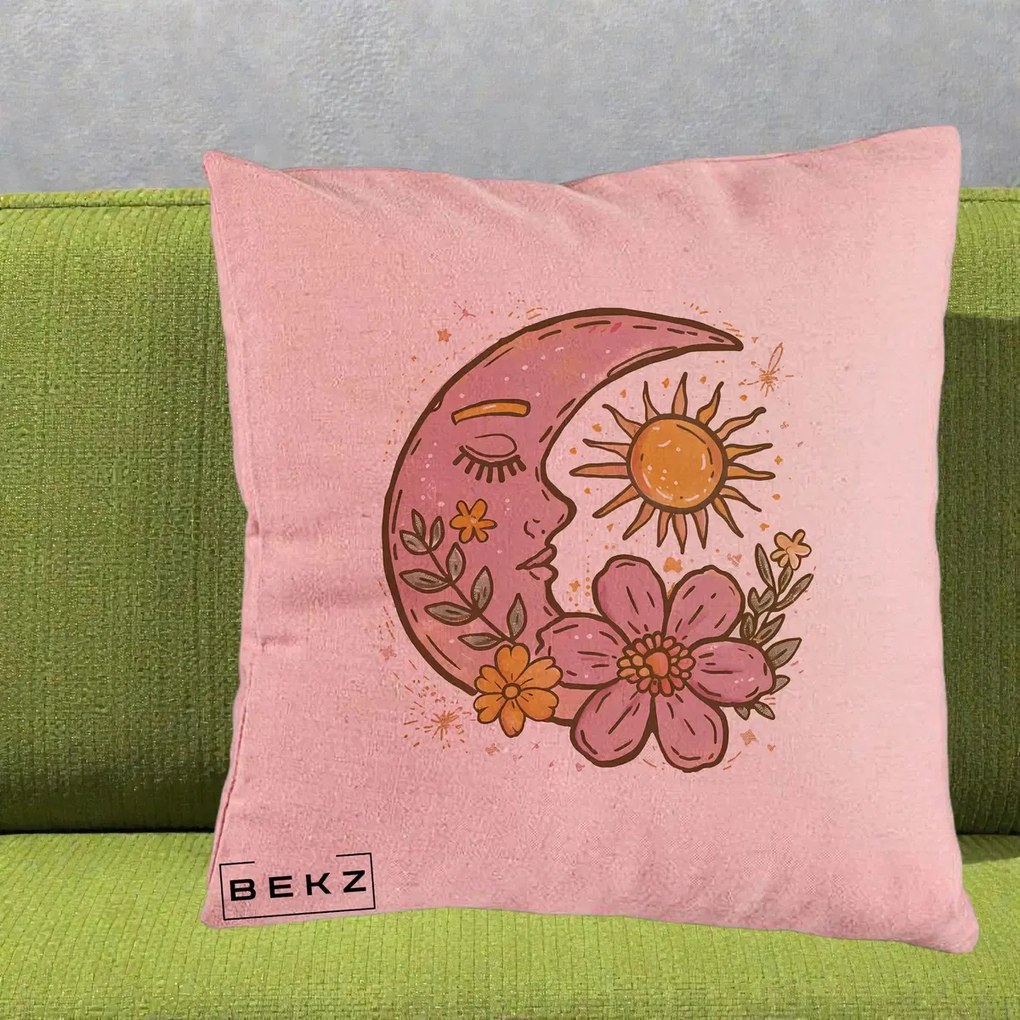 Perna Personalizata Luna si Soare Floral Boho, 40x40 cm, Roz, Husa Detasabila, Perna Inclusa, BEKZ®