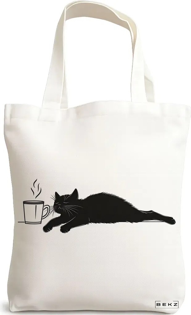 Sacosa de Panza pentru Cumparaturi, Geanta Tote, model Caffeine Cat 4 38 x 34.5 cm, Alba, BEKZ®