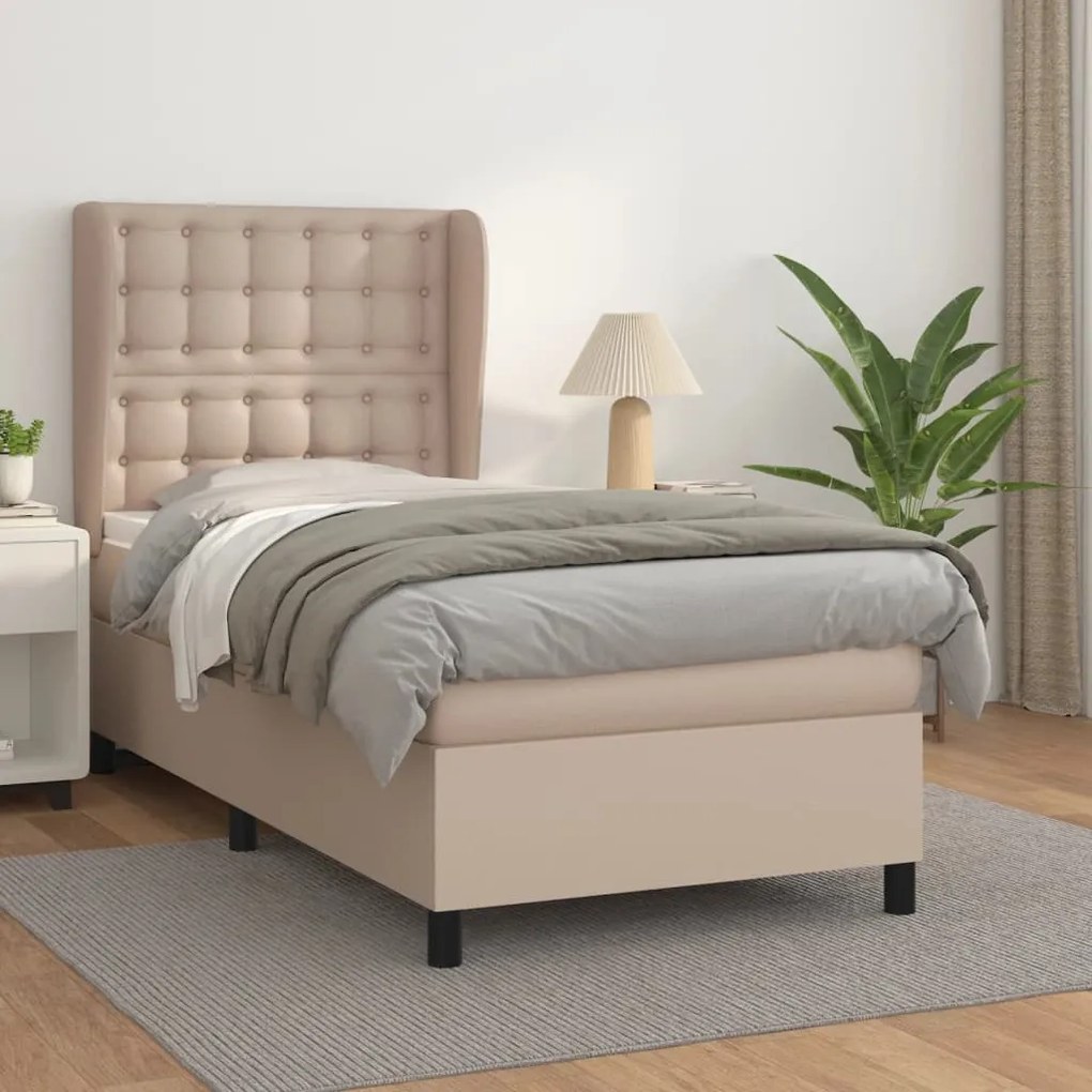 vidaXL Pat box spring cu saltea, cappuccino, 90x190 cm piele ecologică