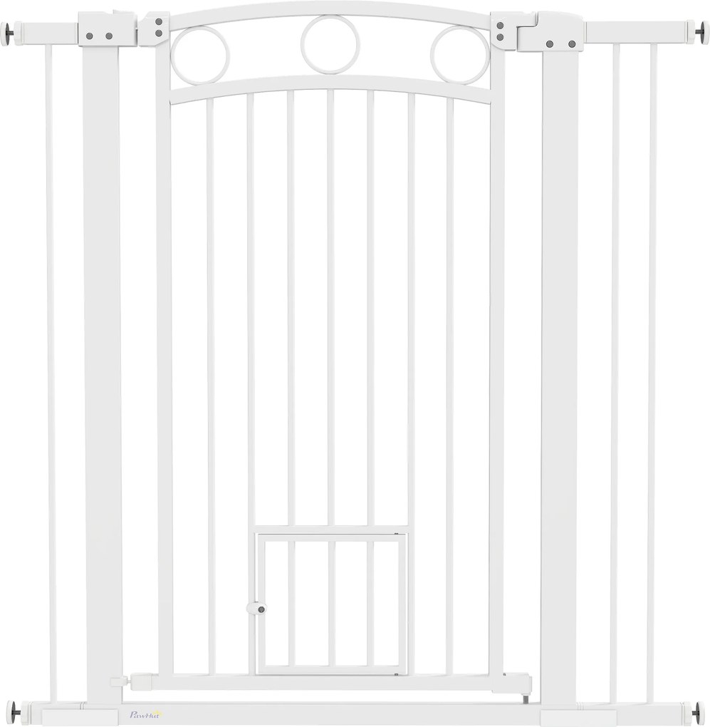 PawHut Barieră de Siguranță Interioară pentru Câini cu 2 Extensii și Ușă pentru Pisici, 76-104x77 cm, Alb | Aosom Romania