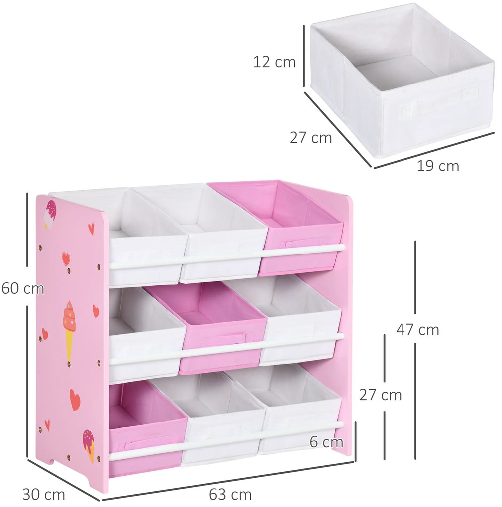 ZONEKIZ Dulăpior de Jucării cu 9 Coșuri Detașabile din MDF și Material Textil Roz | Aosom Romania