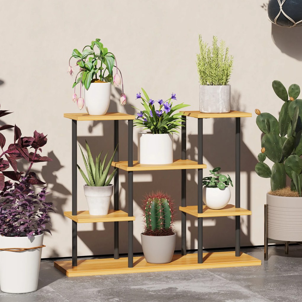 Outsunny Suport plante interior etajeră plantă cu 6 nivele cadru din oțel bază lemn masiv 80 x 24 x 61,5 cm lemn natural | Aosom Romania