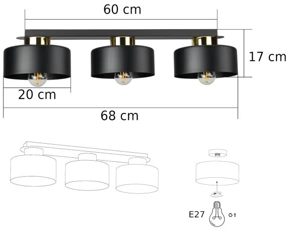 Plafonieră IGNIA 3 x E27, 60 W, 230 V, negru/auriu