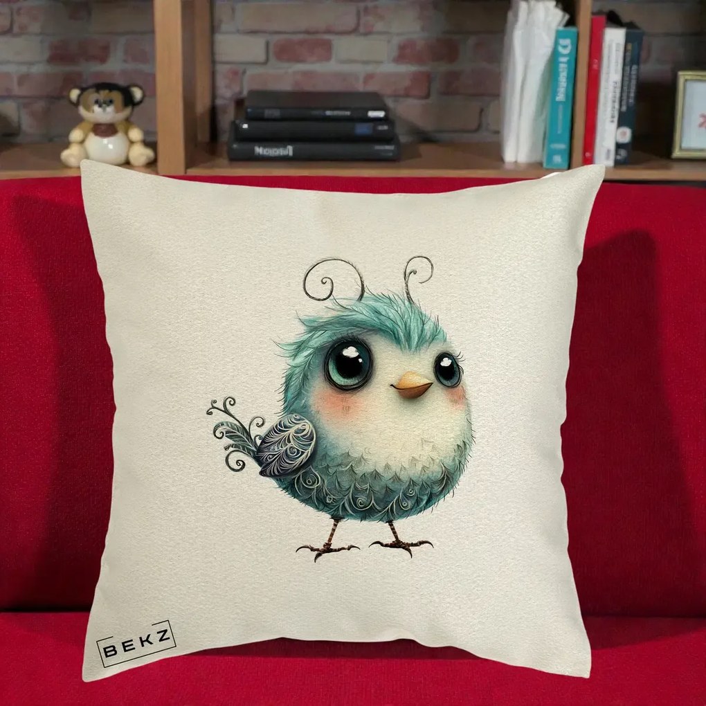 Perna Decorativa Pui Teal cu Aripioare Ornamentale, 40x40 cm, Ecru, Husa Detasabila, Perna Inclusa, BEKZ®