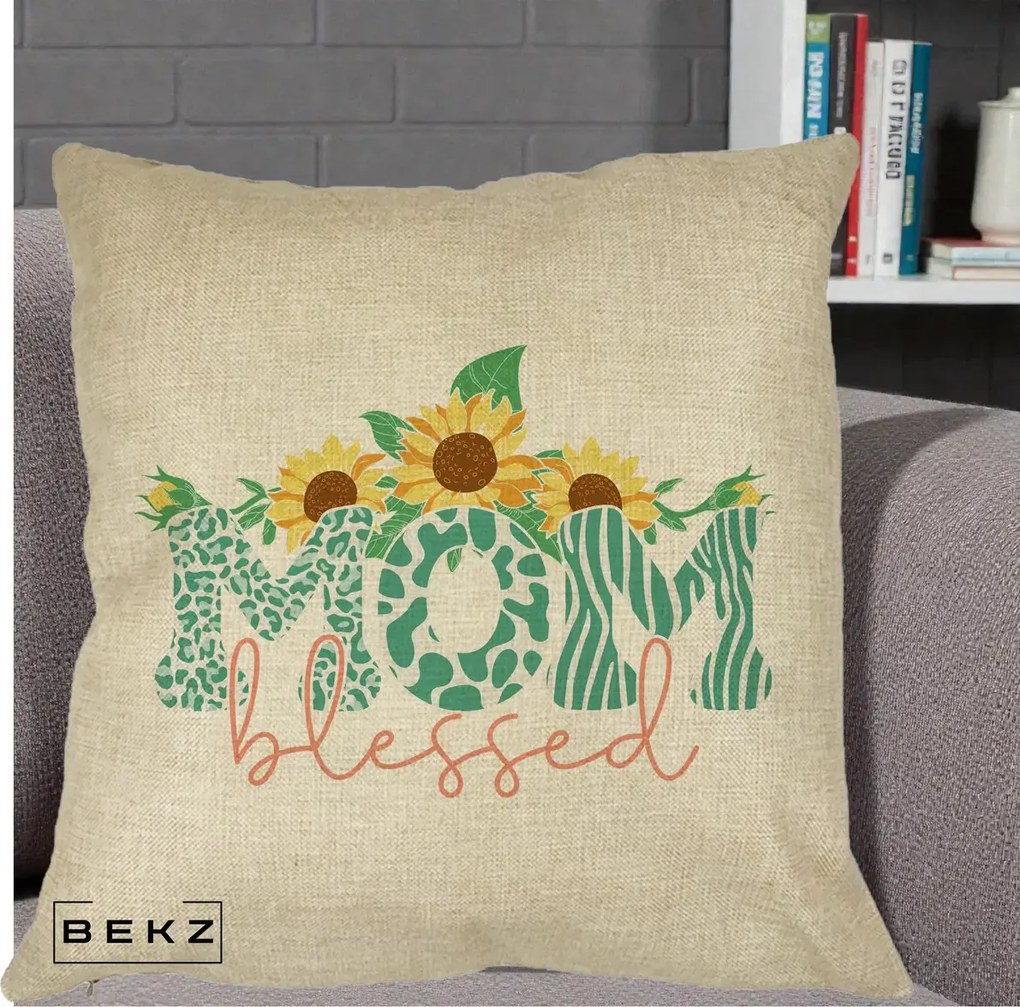 Cadou pentru Mama - Perna Personalizata Mom Blessed cu Floarea Soarelui Animal Print Teal, 40x40 cm, Crem, Husa Detasabila, Perna Inclusa, BEKZ®
