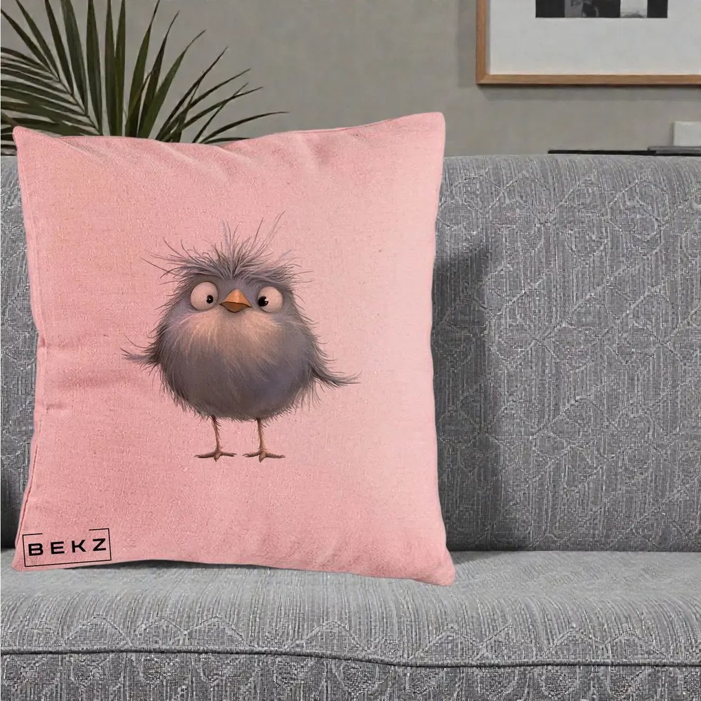 Perna Decorativa Pui Gri Pufos Zbarlit, 40x40 cm, Roz, Husa Detasabila, Perna Inclusa, BEKZ®