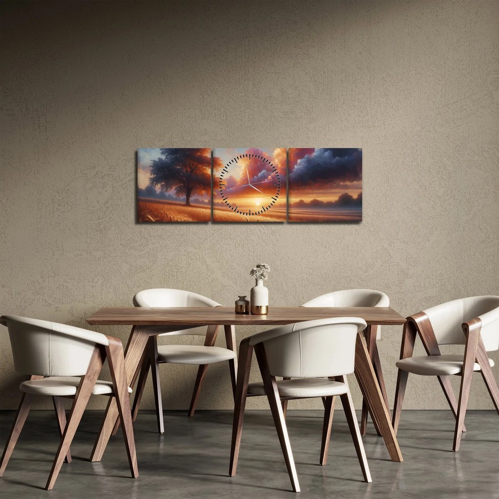 Tablou – Apus de soare pe câmp (cu ceas) (90x30 cm)